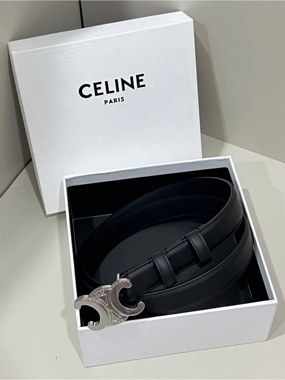 CELINE Black Leather Triomphe Buckle Belt